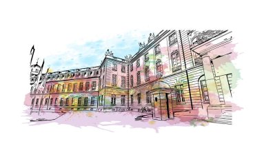 Print Building view with landmark of Karlsruhe is the city of Germany. Vektörde elle çizilmiş resim ile suluboya sıçraması.