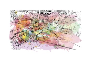 Print Building view with landmark of Karlsruhe is the city of Germany. Vektörde elle çizilmiş resim ile suluboya sıçraması.