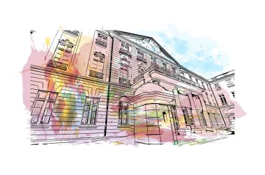 Print Building view with landmark of Karlsruhe is the city of Germany. Vektörde elle çizilmiş resim ile suluboya sıçraması.