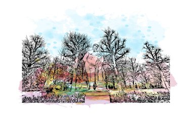 Print Building view with landmark of Karlsruhe is the city of Germany. Vektörde elle çizilmiş resim ile suluboya sıçraması.