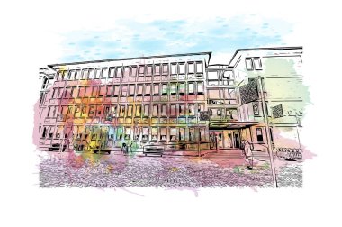 Print Building view with landmark of Karlsruhe is the city of Germany. Vektörde elle çizilmiş resim ile suluboya sıçraması.