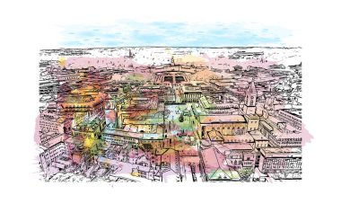 Print Building view with landmark of Karlsruhe is the city of Germany. Vektörde elle çizilmiş resim ile suluboya sıçraması.