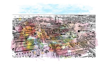 Print Building view with landmark of Karlsruhe is the city of Germany. Vektörde elle çizilmiş resim ile suluboya sıçraması.