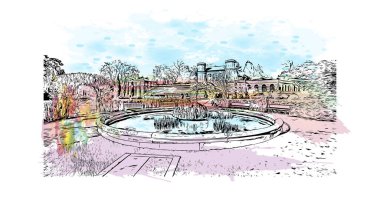 Print Building view with landmark of Karlsruhe is the city of Germany. Vektörde elle çizilmiş resim ile suluboya sıçraması.