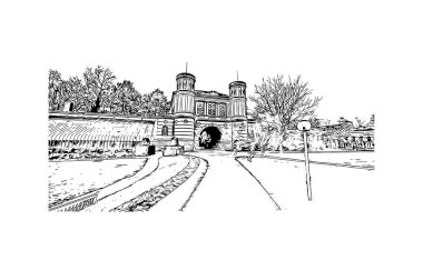 Print Building view with landmark of Karlsruhe is the city of Germany. Vektörde elle çizilmiş çizim çizimi.