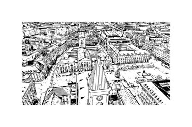 Print Building view with landmark of Karlsruhe is the city of Germany. Vektörde elle çizilmiş çizim çizimi.