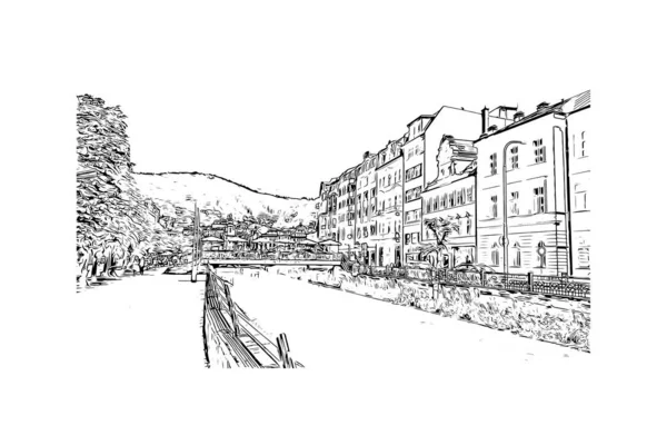Imprimir Vista Para Edifício Com Marco Karlovy Vary Cidade República —  Vetores de Stock