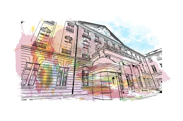 Print Building view with landmark of Karlsruhe is the city of Germany. Vektörde elle çizilmiş resim ile suluboya sıçraması.