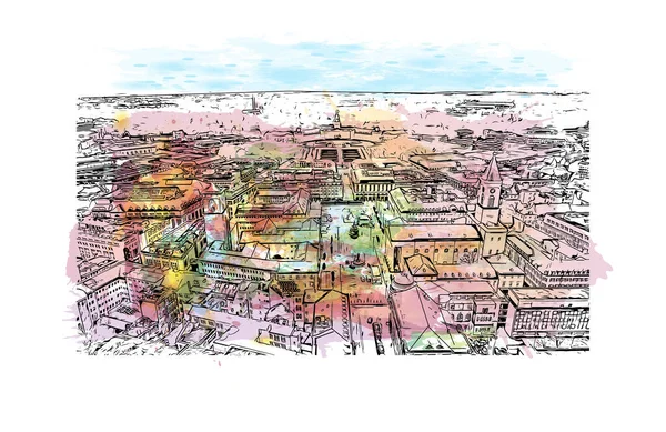 Print Building view with landmark of Karlsruhe is the city of Germany. Vektörde elle çizilmiş resim ile suluboya sıçraması.