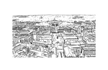 Print Building view with landmark of Karlsruhe is the city of Germany. Vektörde elle çizilmiş çizim çizimi.