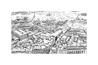 Print Building view with landmark of Karlsruhe is the city of Germany. Vektörde elle çizilmiş çizim çizimi.