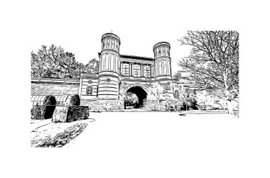 Print Building view with landmark of Karlsruhe is the city of Germany. Vektörde elle çizilmiş çizim çizimi.