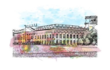 Print Building view of Kassel, Almanya 'nın orta kesiminde bir şehirdir. Vektörde elle çizilmiş resim ile suluboya sıçraması.