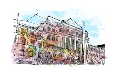 Print Building view of Kassel, Almanya 'nın orta kesiminde bir şehirdir. Vektörde elle çizilmiş resim ile suluboya sıçraması.