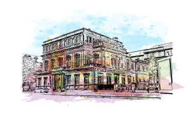 Print Building view of Kassel, Almanya 'nın orta kesiminde bir şehirdir. Vektörde elle çizilmiş resim ile suluboya sıçraması.