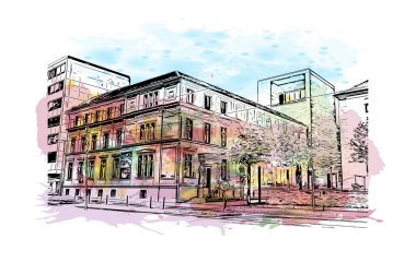 Print Building view of Kassel, Almanya 'nın orta kesiminde bir şehirdir. Vektörde elle çizilmiş resim ile suluboya sıçraması.