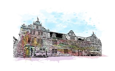 Print Building view of Kassel, Almanya 'nın orta kesiminde bir şehirdir. Vektörde elle çizilmiş resim ile suluboya sıçraması.