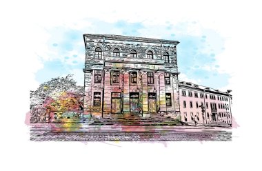 Print Building view of Kassel, Almanya 'nın orta kesiminde bir şehirdir. Vektörde elle çizilmiş resim ile suluboya sıçraması.