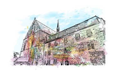 Print Building view of Kassel, Almanya 'nın orta kesiminde bir şehirdir. Vektörde elle çizilmiş resim ile suluboya sıçraması.
