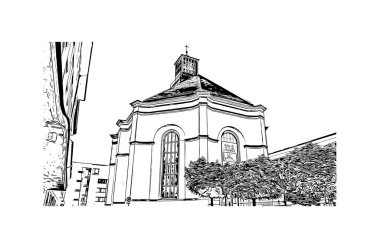 Print Building view of Kassel, Almanya 'nın orta kesiminde bir şehirdir. Vektörde elle çizilmiş çizim çizimi.