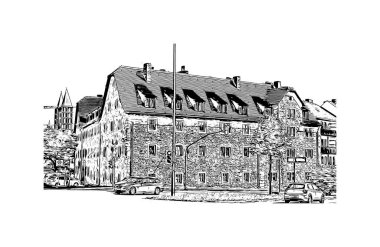 Print Building view of Kassel, Almanya 'nın orta kesiminde bir şehirdir. Vektörde elle çizilmiş çizim çizimi.