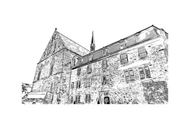 Print Building view of Kassel, Almanya 'nın orta kesiminde bir şehirdir. Vektörde elle çizilmiş çizim çizimi.