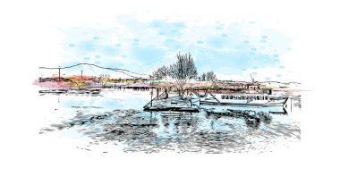 Yunanistan 'ın başkenti Kastoria' nın simgesi olan Print Building View 'dir. Vektörde elle çizilmiş resim ile suluboya sıçraması.