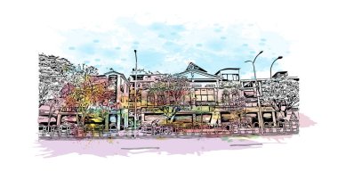 Matbaa manzarası, Nepal 'in başkenti Katmandu' nun simgesidir. Vektörde elle çizilmiş resim ile suluboya sıçraması.