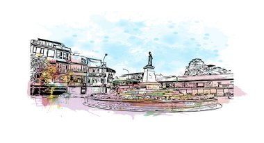 Matbaa manzarası, Nepal 'in başkenti Katmandu' nun simgesidir. Vektörde elle çizilmiş resim ile suluboya sıçraması.