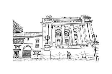 Matbaa manzarası, Nepal 'in başkenti Katmandu' nun simgesidir. Vektörde elle çizilmiş çizim çizimi.