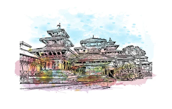 加德满都的标志性建筑是尼泊尔的首都 矢量手绘示意图水彩画 — 图库矢量图片