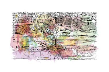 Print Building view with landmark of Kaunas is a city of Litvanya. Vektörde elle çizilmiş resim ile suluboya sıçraması.