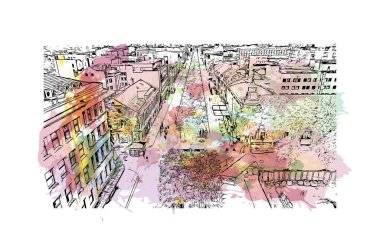 Print Building view with landmark of Kaunas is a city of Litvanya. Vektörde elle çizilmiş resim ile suluboya sıçraması.