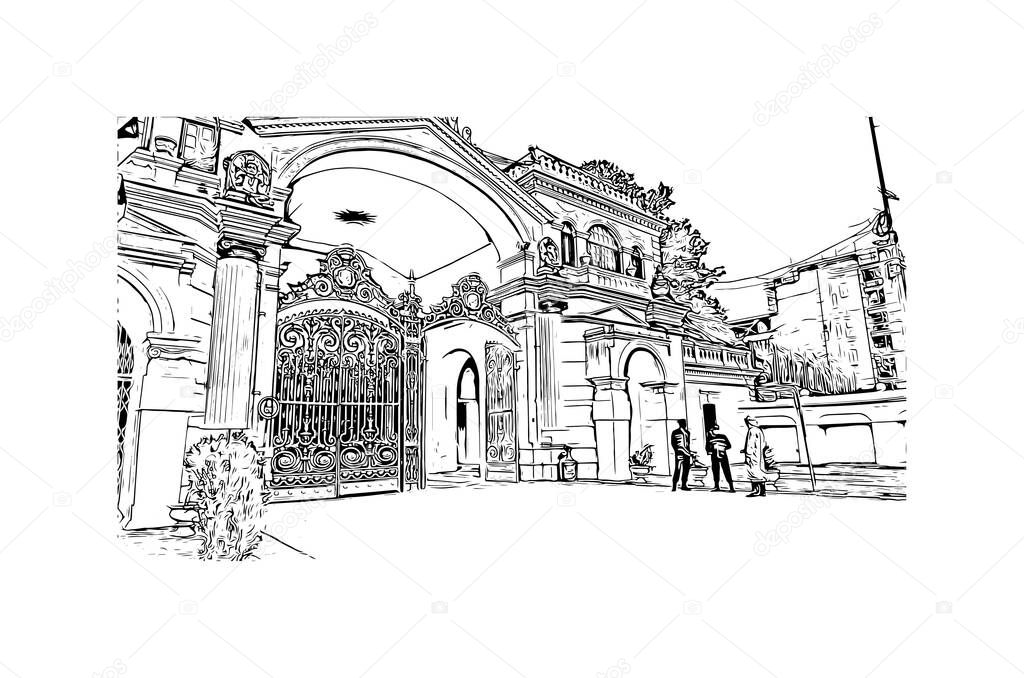 Print Building view with landmark of Kathmandu is the capital of Nepal. Hand drawn sketch illustration in vector.