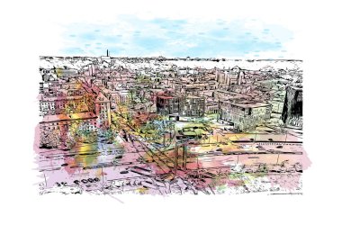 Print Building view with landmark of Kaunas is a city of Litvanya. Vektörde elle çizilmiş resim ile suluboya sıçraması.