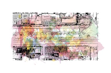 Print Building view with landmark of Kaunas is a city of Litvanya. Vektörde elle çizilmiş resim ile suluboya sıçraması.