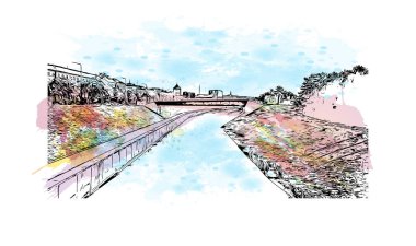 Print Building view with landmark of Kaunas is a city of Litvanya. Vektörde elle çizilmiş resim ile suluboya sıçraması.