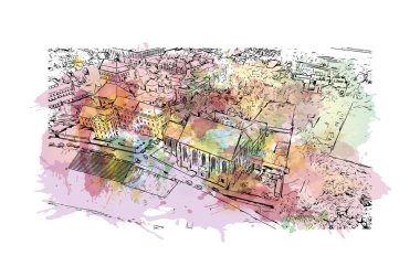 Print Building view with landmark of Kaunas is a city of Litvanya. Vektörde elle çizilmiş resim ile suluboya sıçraması.