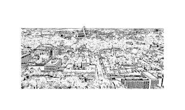 Print Building view with landmark of Kaunas is a city of Litvanya. Vektörde elle çizilmiş çizim çizimi.