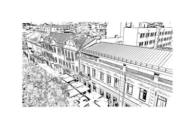 Print Building view with landmark of Kaunas is a city of Litvanya. Vektörde elle çizilmiş çizim çizimi.