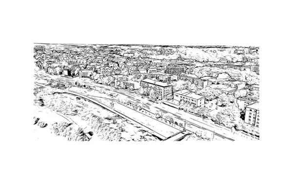 印刷カウナスのランドマークとビルの景色はリトアニアの都市です 手描きのスケッチ図ベクトル — ストックベクタ