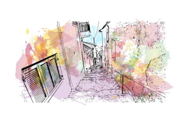 Print Building view with landmark of Kavala, Yunanistan 'ın kuzeyinde bir şehirdir. Vektörde elle çizilmiş resim ile suluboya sıçraması.