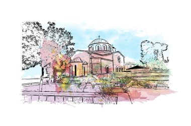 Print Building view with landmark of Kavala, Yunanistan 'ın kuzeyinde bir şehirdir. Vektörde elle çizilmiş resim ile suluboya sıçraması.