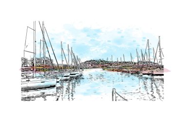 Print Building view with landmark of Kavala, Yunanistan 'ın kuzeyinde bir şehirdir. Vektörde elle çizilmiş resim ile suluboya sıçraması.