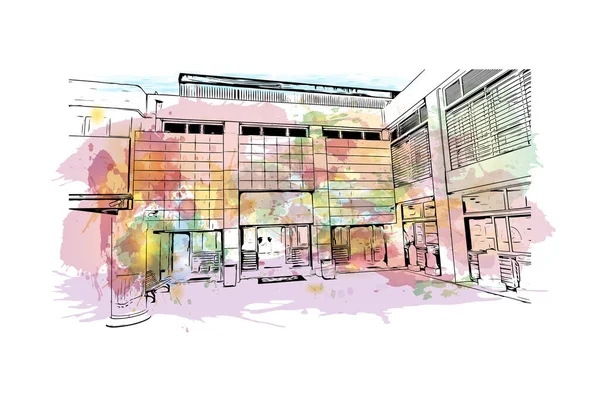 Print Building View Landmark Kavala Stad Norra Grekland Akvarell Stänk — Stock vektor