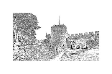 Print Building view with landmark of Kavala, Yunanistan 'ın kuzeyinde bir şehirdir. Vektörde elle çizilmiş çizim çizimi.