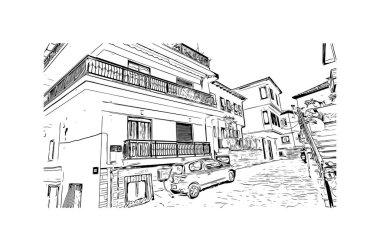 Print Building view with landmark of Kavala, Yunanistan 'ın kuzeyinde bir şehirdir. Vektörde elle çizilmiş çizim çizimi.