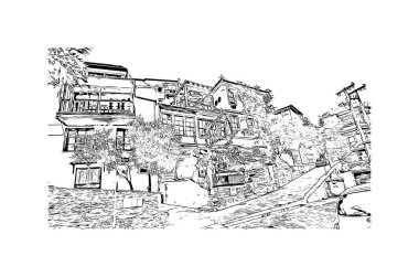 Print Building view with landmark of Kavala, Yunanistan 'ın kuzeyinde bir şehirdir. Vektörde elle çizilmiş çizim çizimi.