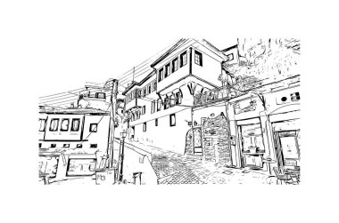 Print Building view with landmark of Kavala, Yunanistan 'ın kuzeyinde bir şehirdir. Vektörde elle çizilmiş çizim çizimi.