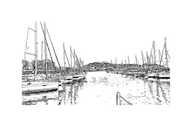 Print Building view with landmark of Kavala, Yunanistan 'ın kuzeyinde bir şehirdir. Vektörde elle çizilmiş çizim çizimi.